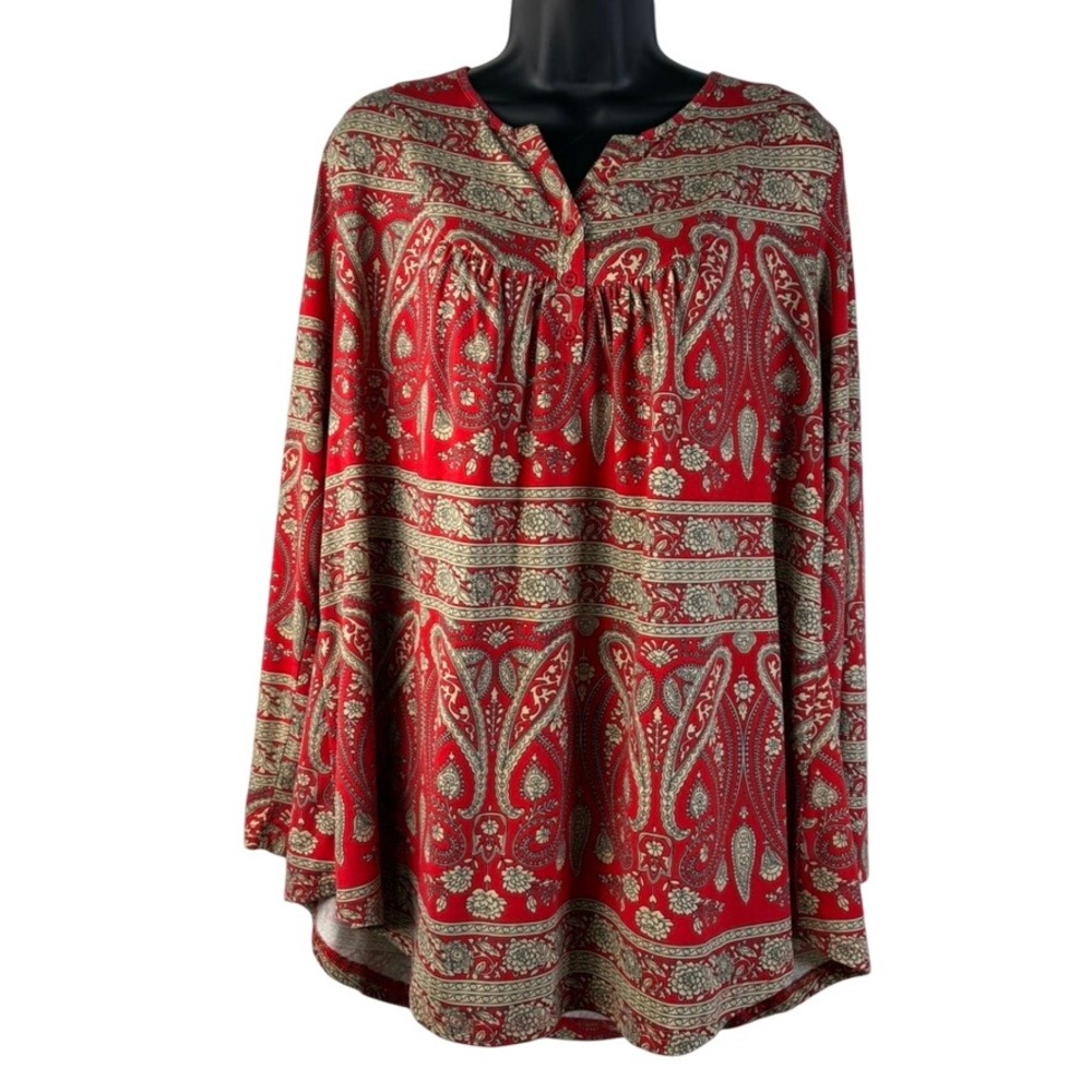 Folunsi Womens 3X Red Paisley Tunic Top Long Sleeve Henley Boho‎ Pleated Blouse